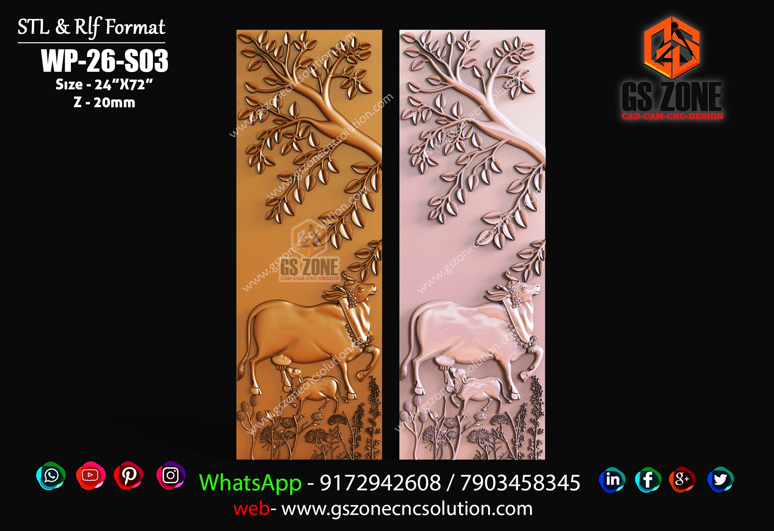 WP-26-S03 | Divine Kamdhenu Cow & Calf with Sacred Tree 3D CNC Wall Panel Design 